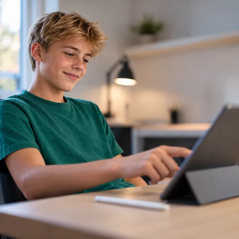 Student handing in his finished homework on a tablet at home
