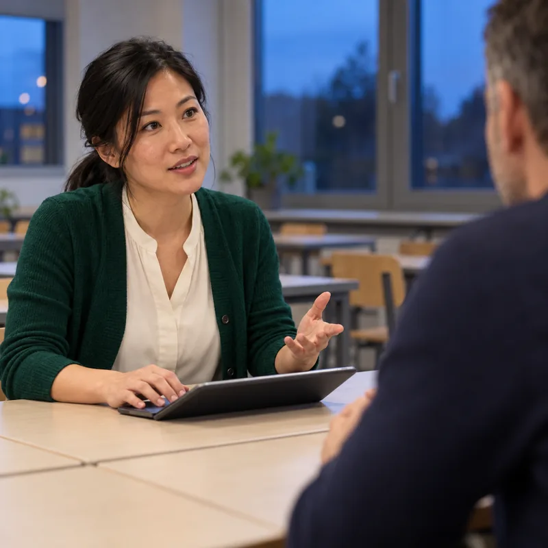 Teacher explaining something to a father on parent-teacher evening, her tablet with the appointments in front of her