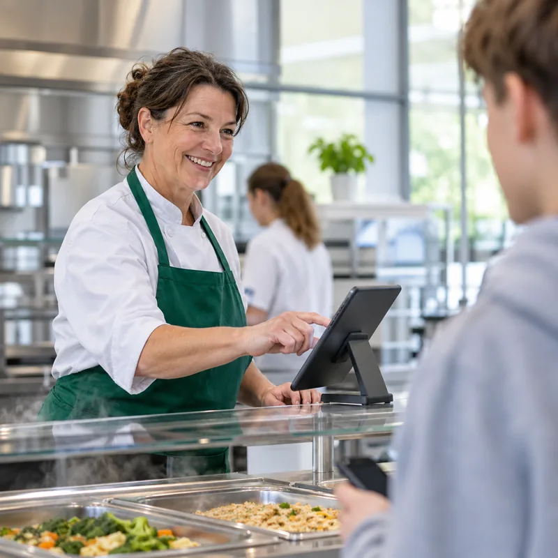 Cook updating the menu on a tablet in the school cafeteria while a student waits with his phone