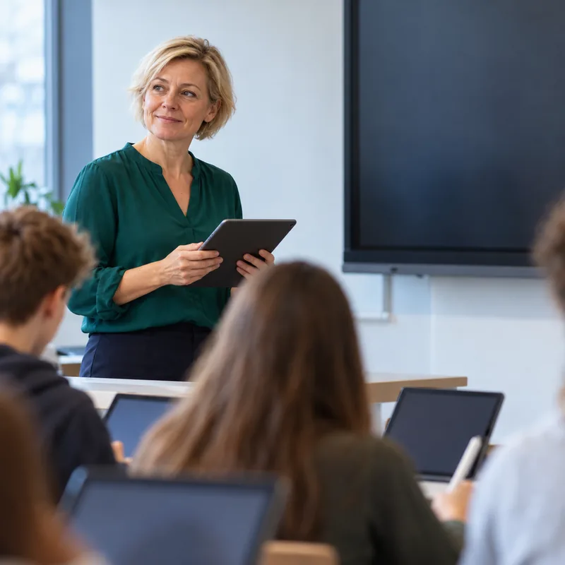 Teacher holding a tablet at the start of the lesson and looking at the class