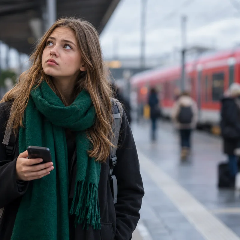 Student waiting on the platform for a delayed train