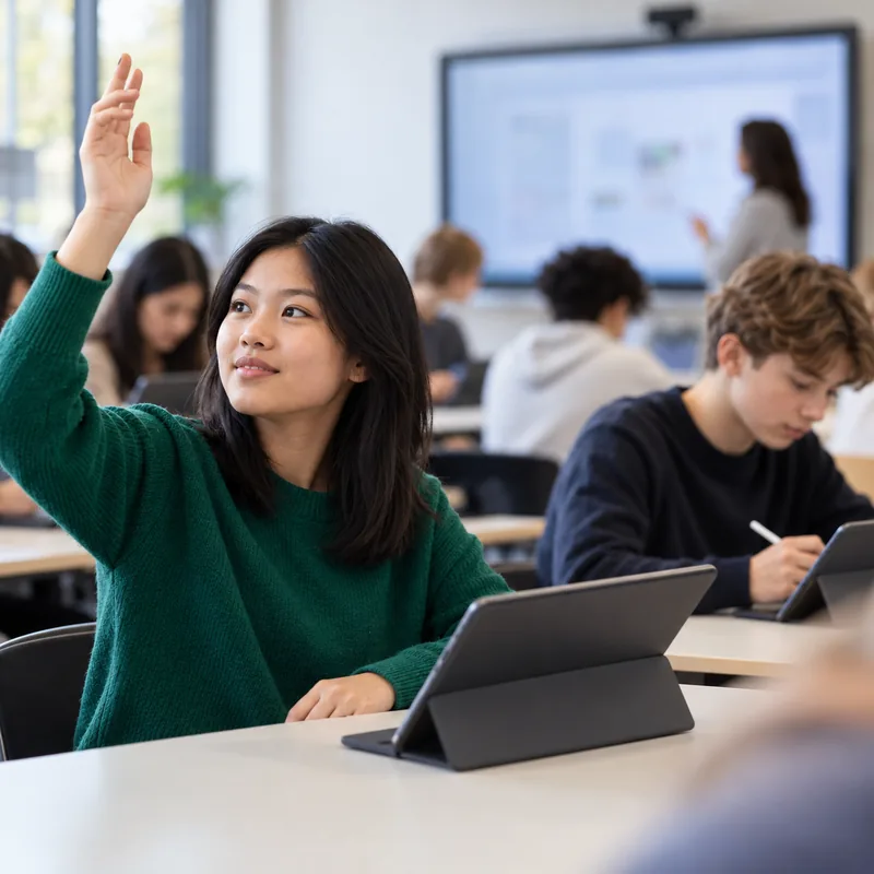 Student raising her hand in class with her tablet in front of her