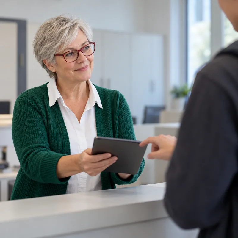 School secretary holding out her tablet for a student to confirm at the counter