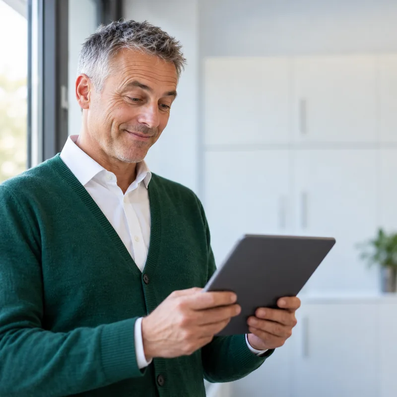 Verwaltungsmitarbeiter findet auf dem Tablet ein altes Zeugnis und zieht zufrieden die Augenbrauen hoch