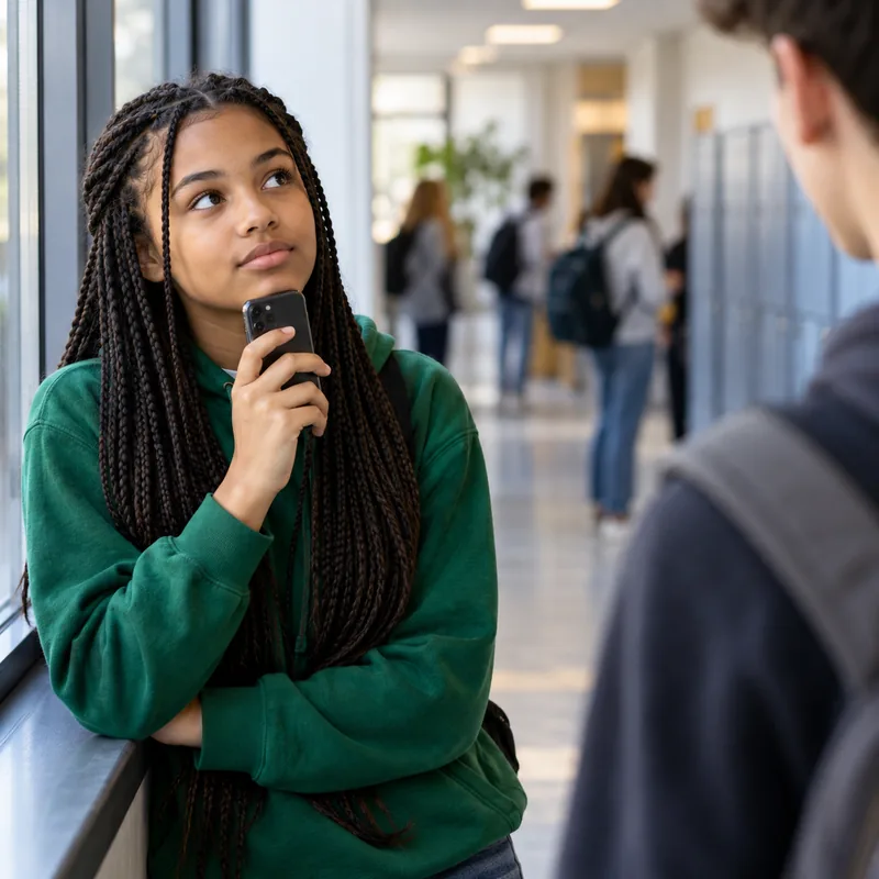 Student in the corridor thinking about her answer to a survey on her phone