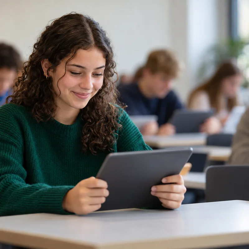 Student breathing a sigh of relief as she sees her grade on her tablet