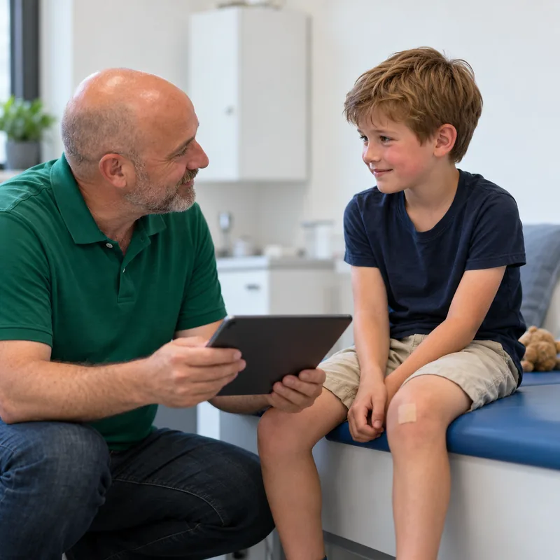 Ersthelfer der Schule hält auf dem Tablet fest, wie sich ein Junge am Knie verletzt hat