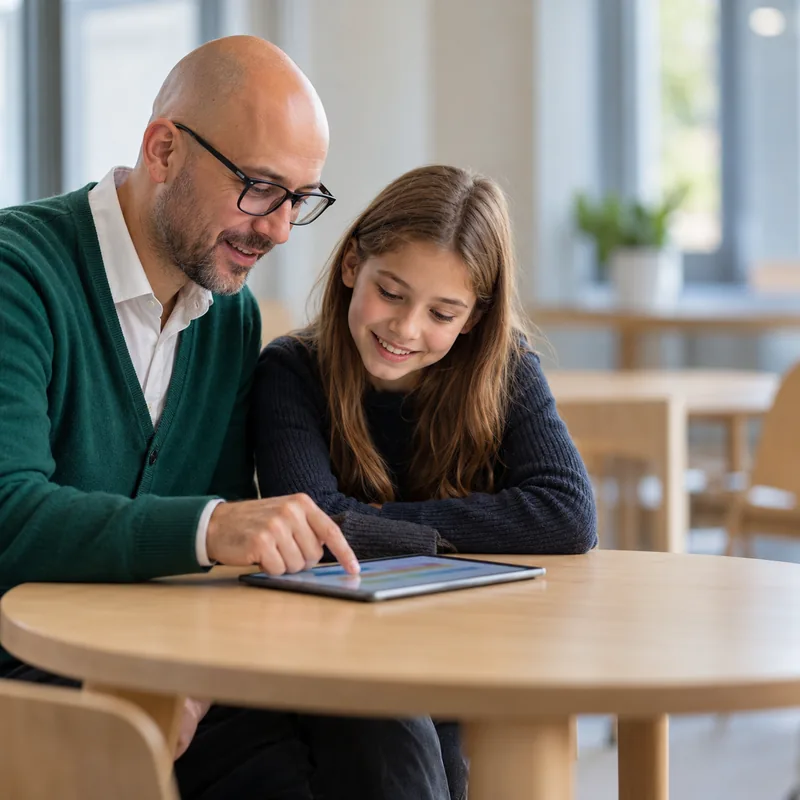 Teacher going through a student's learning profile with her on a tablet