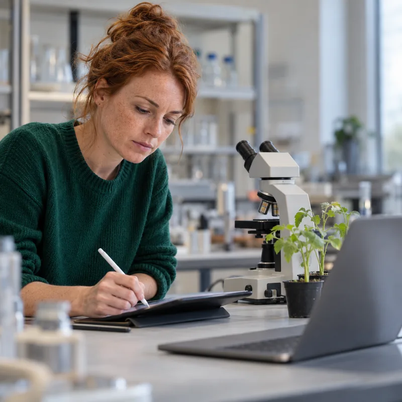 Biology teacher planning a lesson on a tablet in the prep room