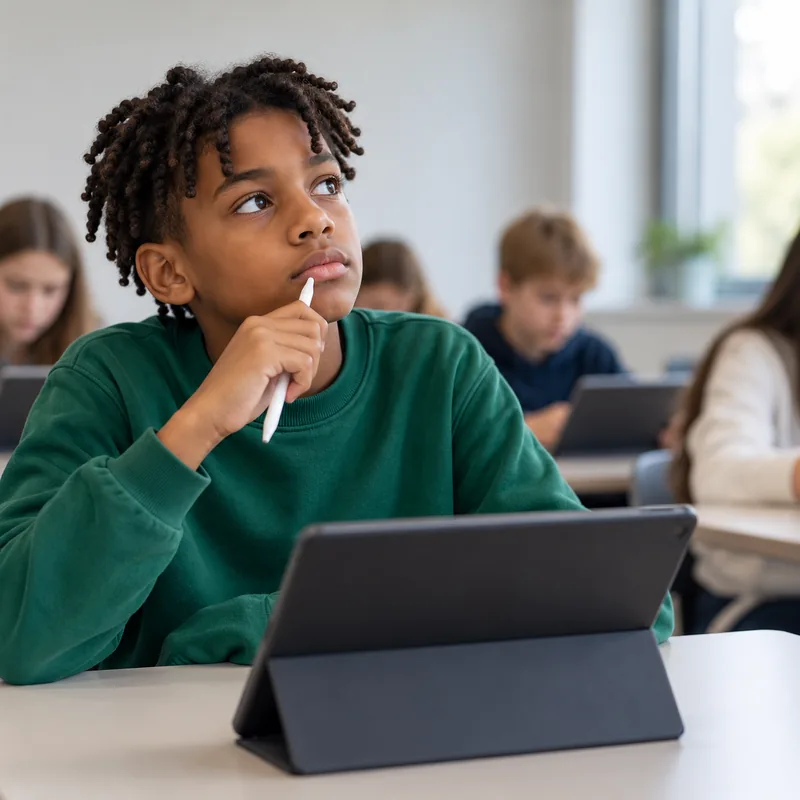 Student at his tablet in the classroom, thinking, with the stylus resting against his chin