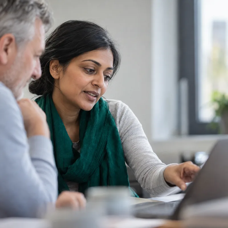 Teacher talking a colleague through her parents' evening presentation at a laptop