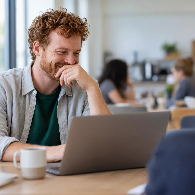 Teacher smiling as he reads a message on his laptop in the staff room