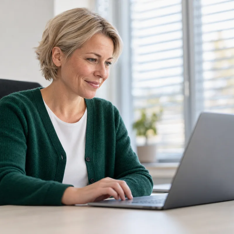 School office employee looking through the school website on her laptop