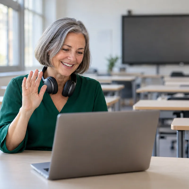 Lehrerin winkt nach Unterrichtsschluss in eine Videokonferenz am Laptop
