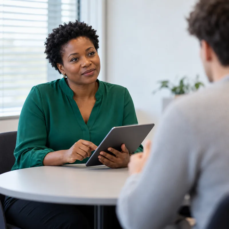 School principal listening to a colleague, her staff plan on the tablet in her hands