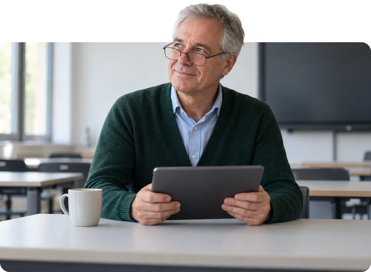 Mathematiklehrer sieht von den Ergebnissen seiner Klasse auf dem Tablet auf