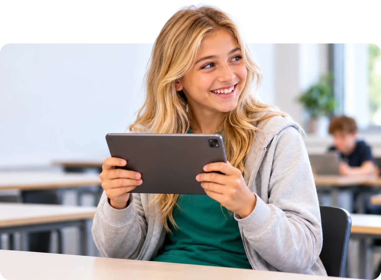 Student with a tablet smiling at her classmate in the classroom