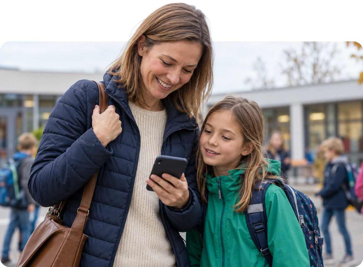 Mother picking up her daughter and laughing at a message from the school on her phone