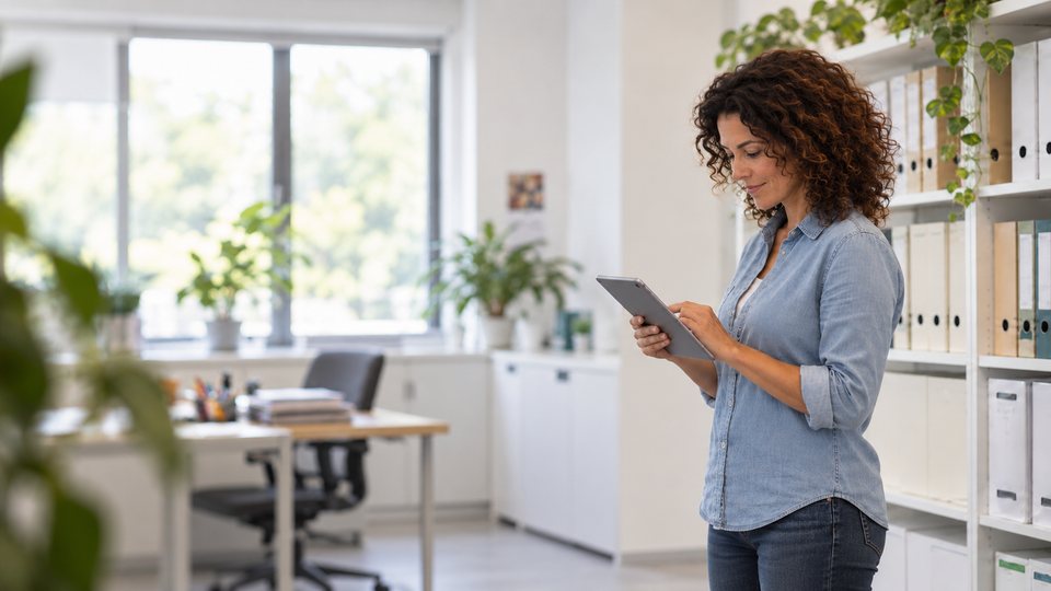 Sekretärin prüft im Schulbüro Unterlagen auf dem Tablet