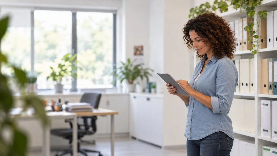 Secrétaire d'établissement vérifiant des documents sur une tablette au secrétariat