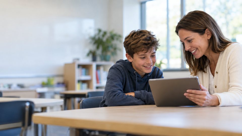 Lehrerin bespricht mit einem Schüler seinen Lernfortschritt am Tablet