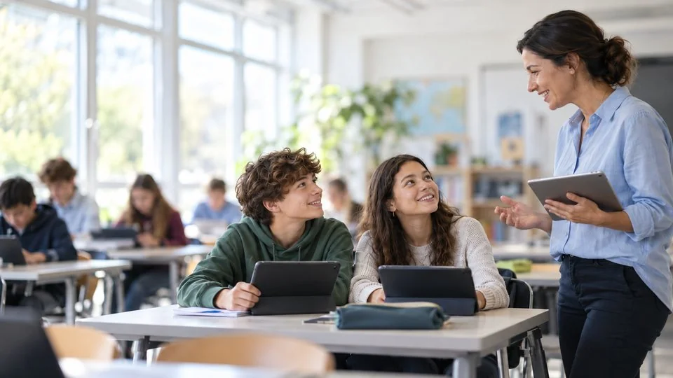 Enseignante souriante discutant avec deux élèves qui travaillent sur des tablettes