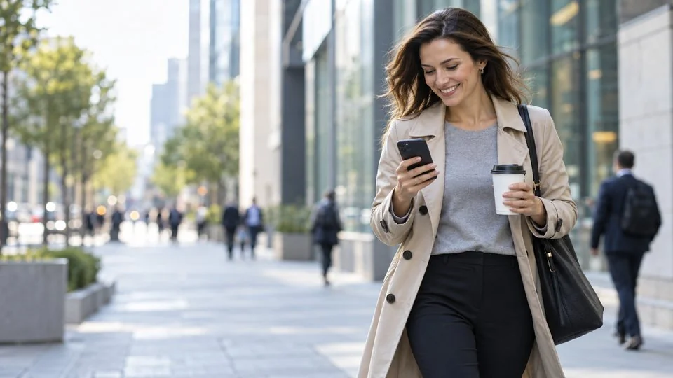 Mère lisant un message de l'école sur son smartphone en allant au travail
