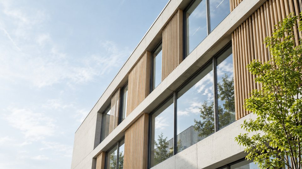 Fassade eines modernen Schulgebäudes aus Beton, Glas und Holz