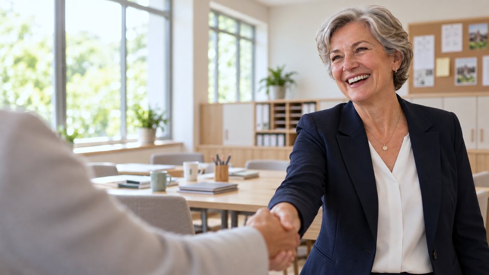 Schulleiterin begrüßt eine neue Kollegin im Lehrerzimmer