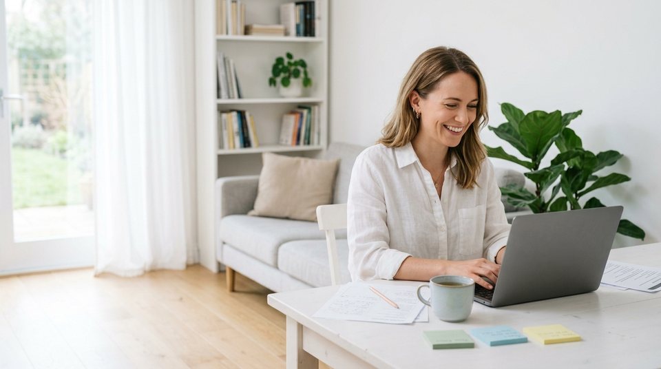 Lehrerin erstellt zu Hause gut gelaunt Unterrichtsmaterial am Laptop