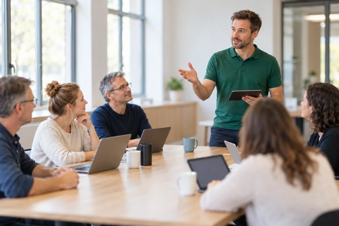 Trainer mit Tablet stellt dem Kollegium im Lehrerzimmer OhayoSchool vor