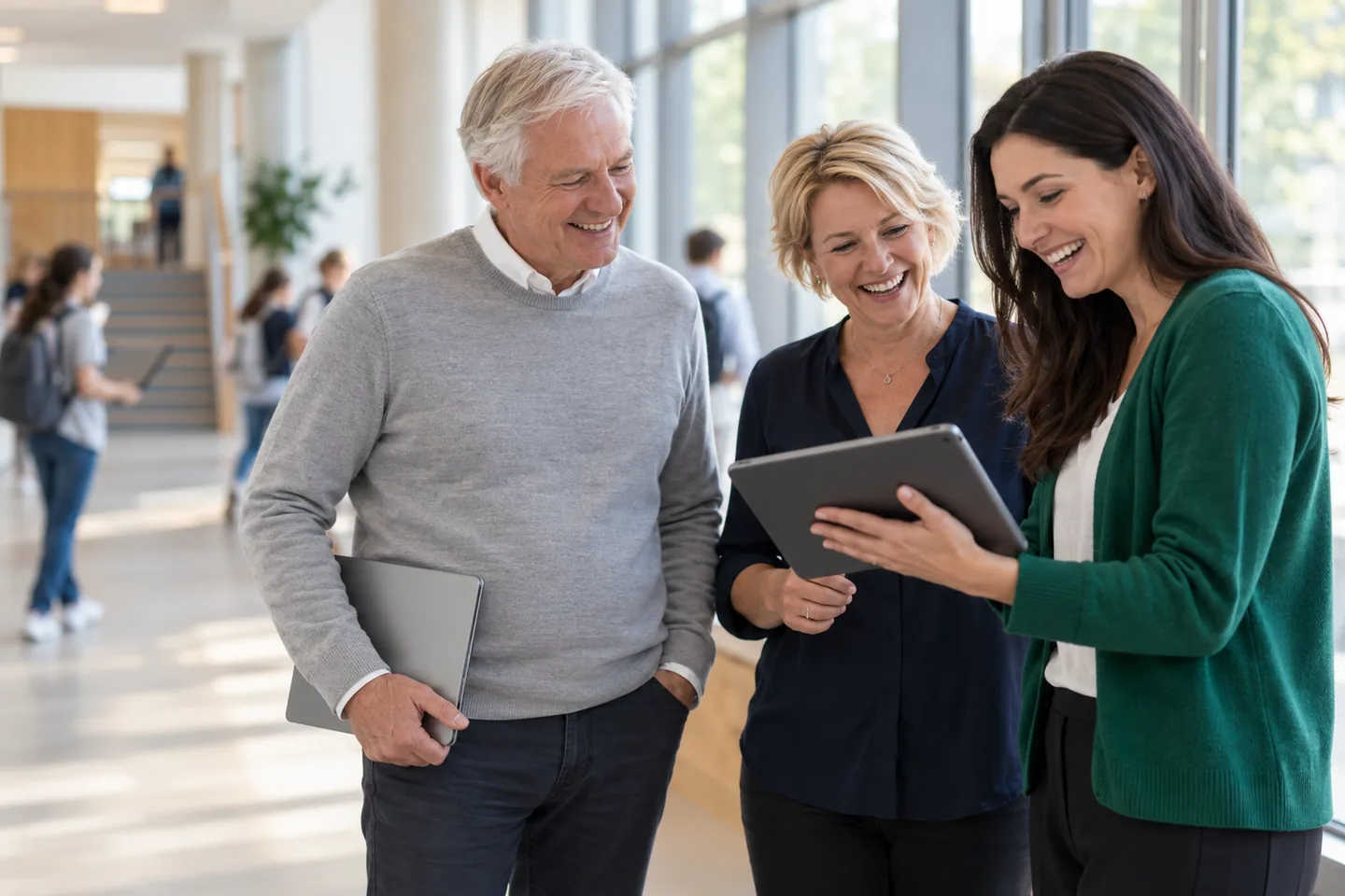 Head of school, teacher, and school secretary laughing in the corridor at something the teacher shows them on her tablet