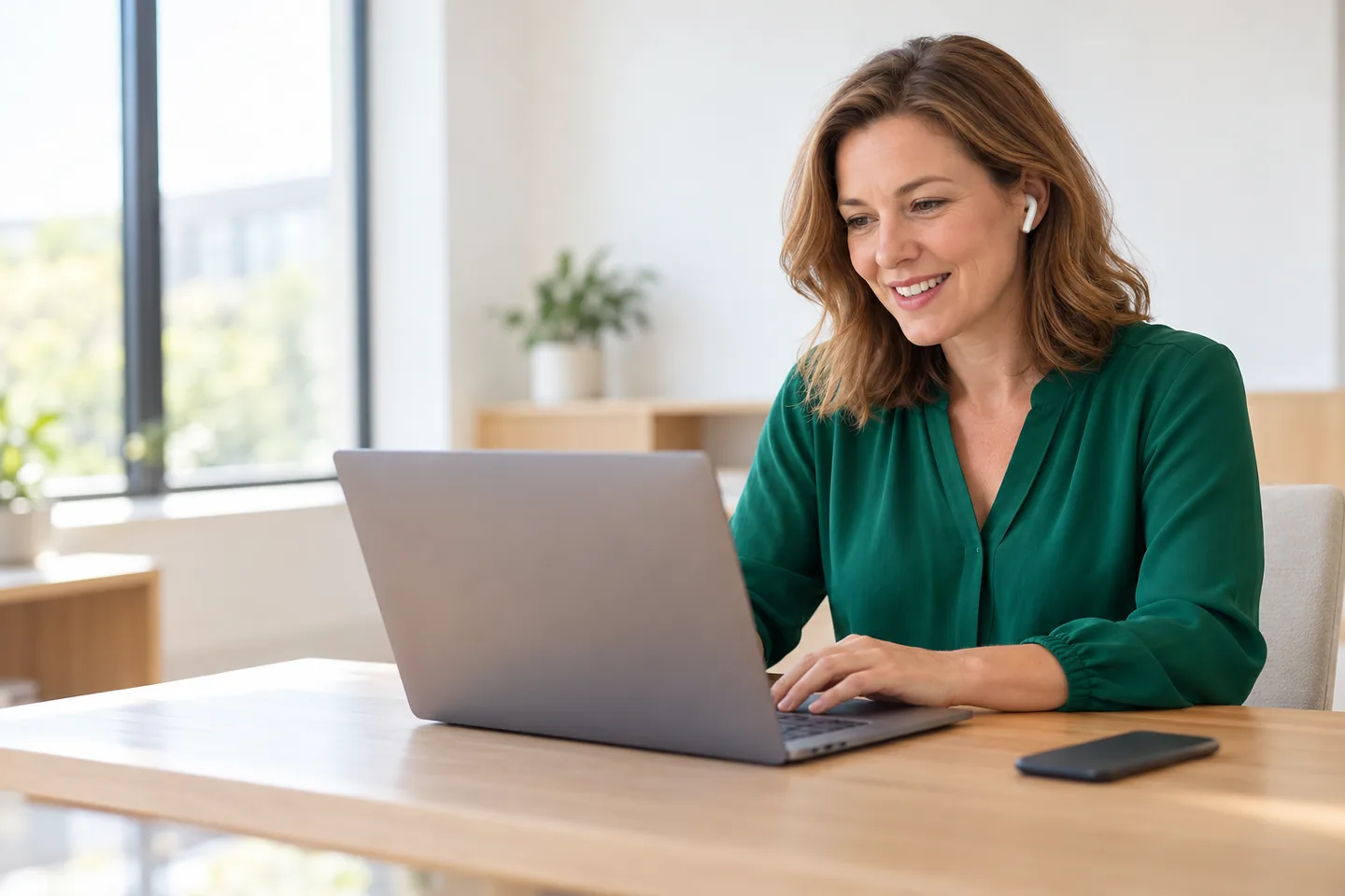 Support contact smiling on a call with a school while typing a note on her laptop