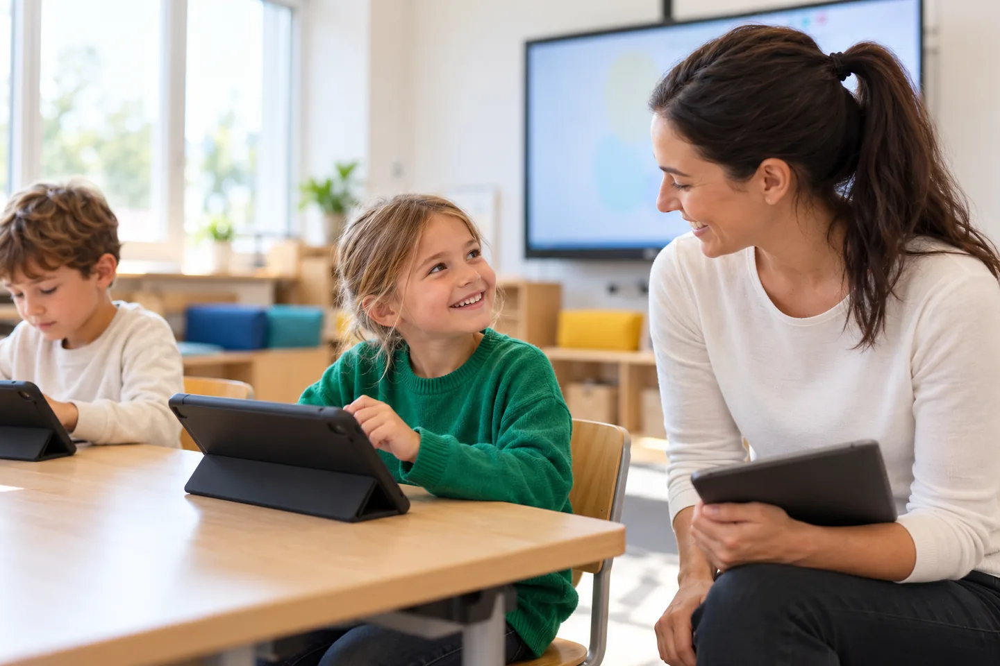 Teacher sitting at a primary school table where a girl has just solved a sum on her tablet
