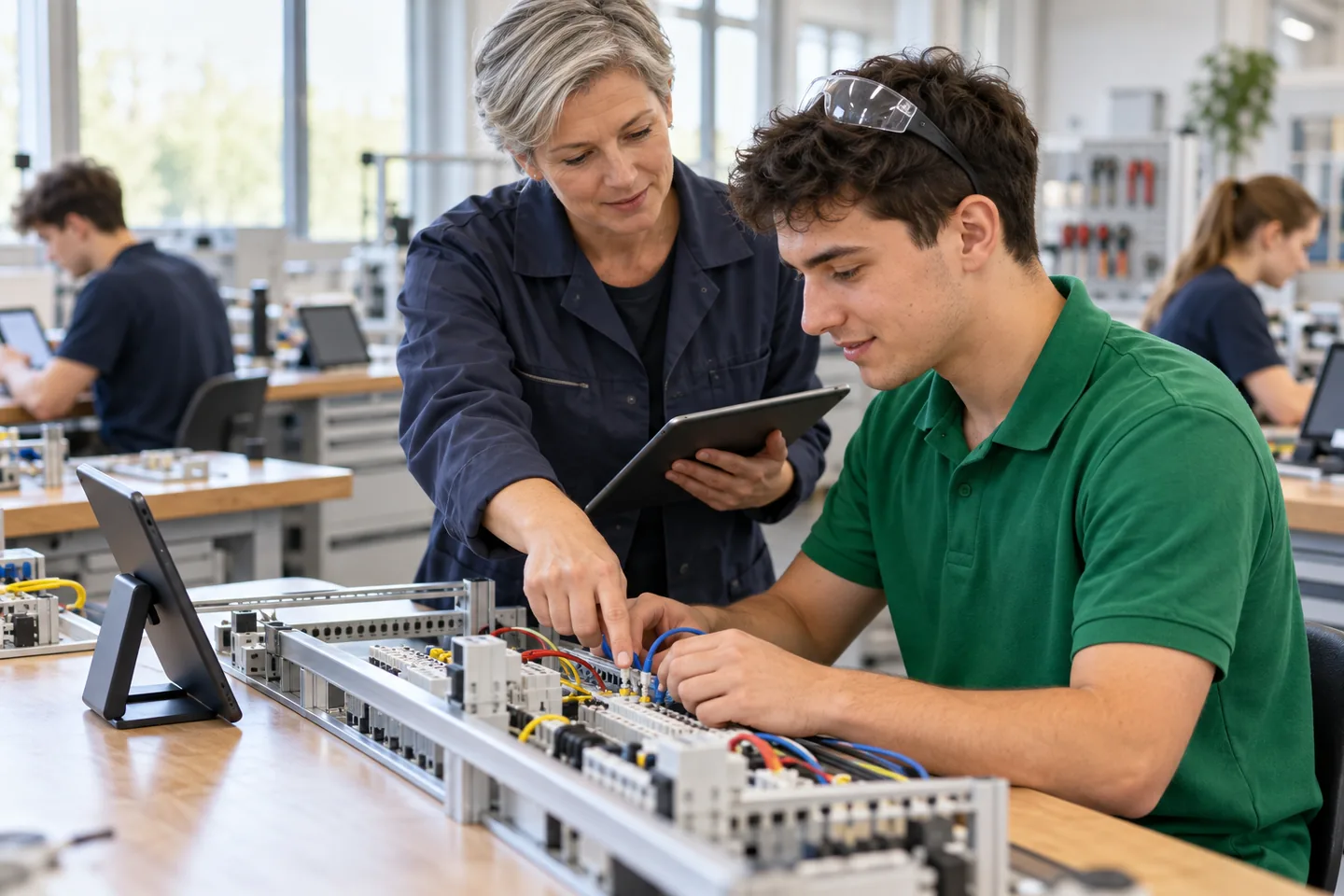 Auszubildender verdrahtet in der Werkstatt einer Berufsschule eine Übungstafel nach dem Schaltplan auf dem Tablet, seine Lehrerin zeigt auf eine Klemme