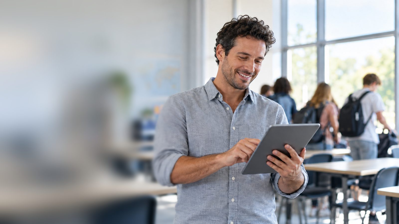 Teacher with a tablet in the classroom while students pack their bags in the background