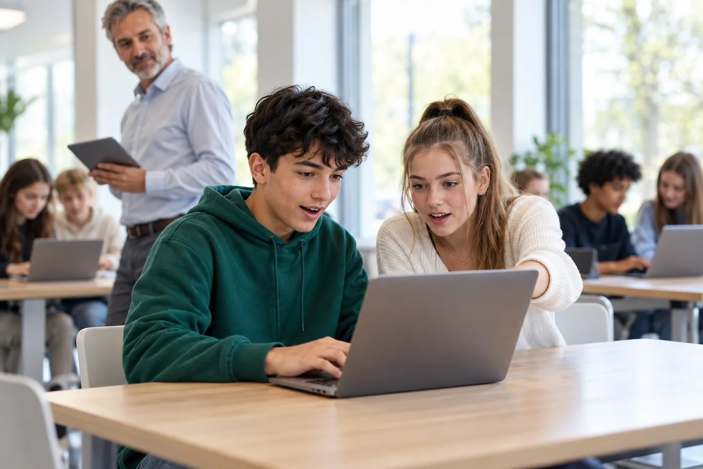Two teenagers working together on a laptop while their teacher walks past with a tablet