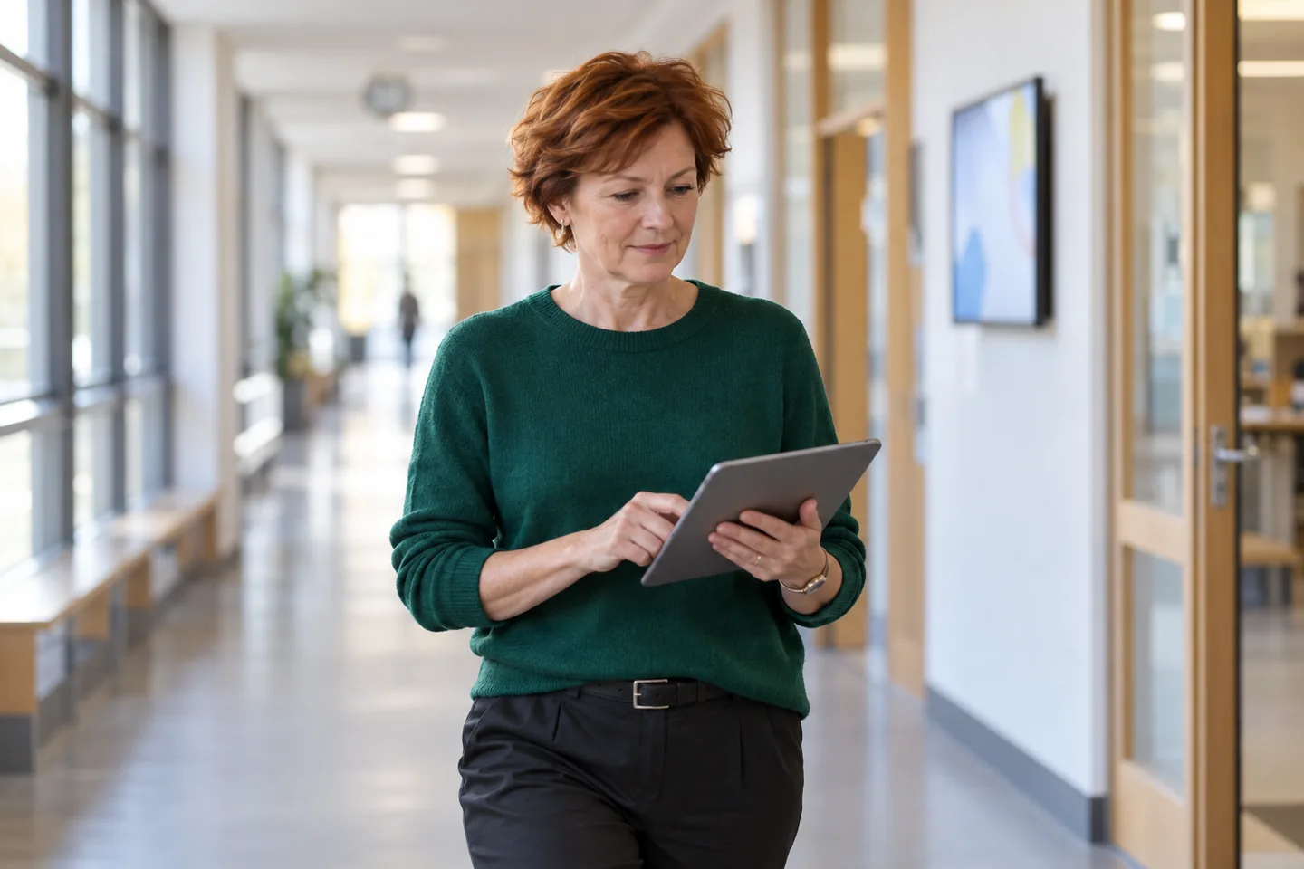 Stellvertretende Schulleiterin bestätigt frühmorgens im Flur eine Vertretung auf dem Tablet