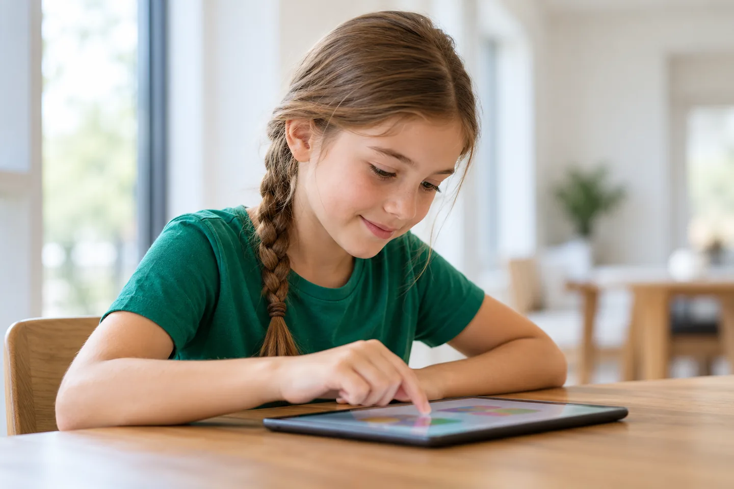 Girl absorbed in solving a pattern puzzle of geometric shapes on a tablet