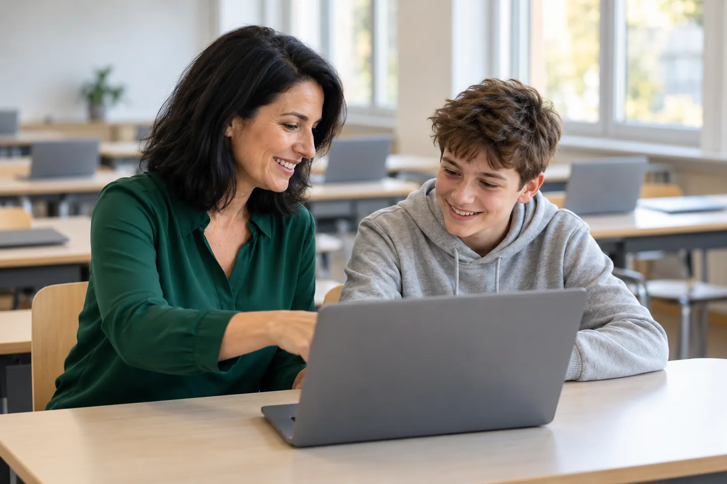 Mathelehrerin bespricht nach dem Unterricht mit einem Schüler seine Ergebnisse am Laptop