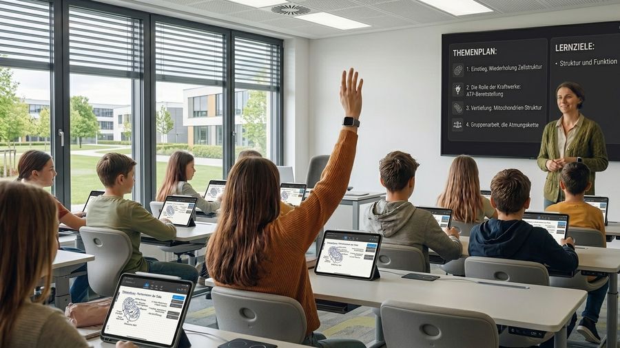 Teacher at the digital board while the class works along on tablets and a student raises her hand