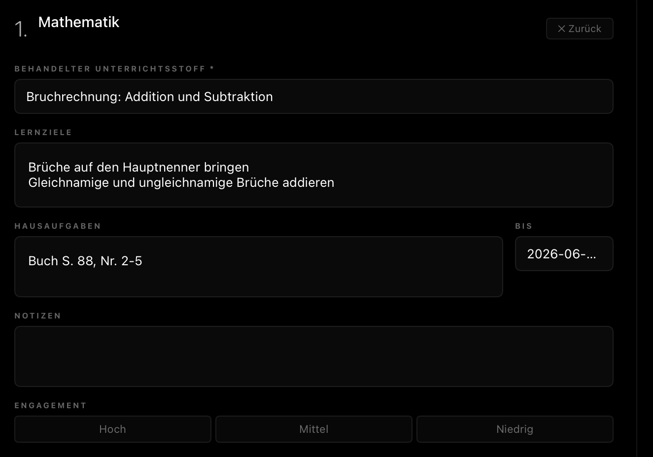 Klassenbuch-Eintrag einer Unterrichtsstunde in der OhayoSchool iPad-App: behandelter Unterrichtsstoff, Lernziele, Hausaufgaben und Engagement — ein Fach im Detail, alles in einem Eintrag.